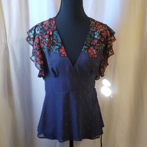 Anthropologie Navy Floral Ruffle Blouse